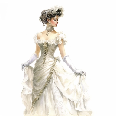 An elegant Victorian maiden in a sophisticated ivory gown, adorned with intricate beadwork and delicate lace trim. With a serene smile and captivating eyes, she exudes a timeless beauty that enchants all who behold her. Against a clean white backdrop, her entire silhouette is visible, radiating the grace and magnetic charm of the image. Clipart, watercolor, white background, intricate detail, hyper-realistic, unreal engine cinematic smooth