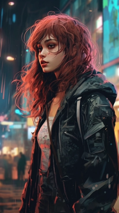 beautiful stunning pretty vintage cyberpunk anime girl, paint art style, clipart, city landscape background, superrealistic, one of a kind