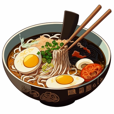 an bowl of japanese ramen, anime art, authentic ramen, white background, clipart