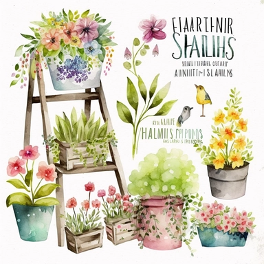 Watercolor Spring Planters Clipart - springtime cute planter boxes and garden ladders