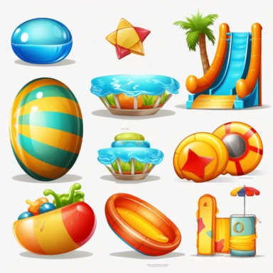 vector clipart set inflatable water slide, beach ball, sunglasses, float, hd, realistic, isolated, no background