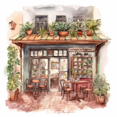 Italian vintage shop clipart, Watercolor, detailed, interior design, Italian cafe interior clipart, Italian cafe illustration, white background, no caption, no text