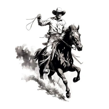 Black and white vector clip art from the 1950s cowboy riding horse, rodeo, advertising ad vintage stock image white background