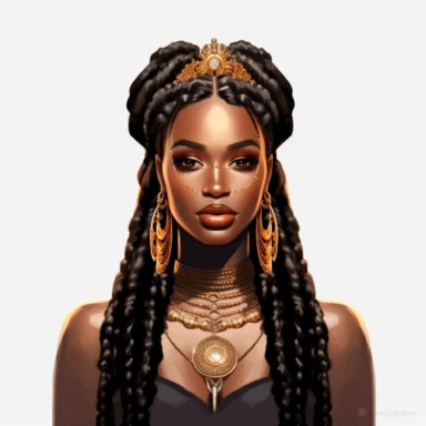 black dark-skin women with long braided hair with beads on the ends wearing a golden crown staring straight forward with big shiny lips clip art