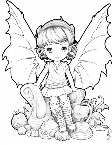 clipart of a little girl coloring page with a dragon, and butterflies, in the style of gothic realism, chinapunk, elaborate borders, furry art, tinycore