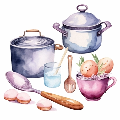 cooking items art watercolor clipart, minimalist, soft pastel colors 8k, isolated transparent background, 4 times spaced out