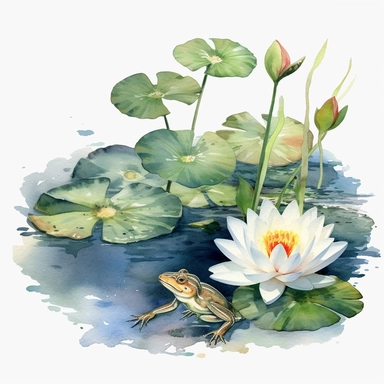 Watercolor Lily Pond Clipart, lily pad and frog pond, CLIPART, fish and birds