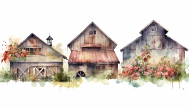 watercolor clipart set illustrations of old barns and sheds with flowers on white background