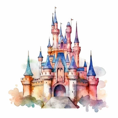 one castle Watercolor clipart on a white background, in the style of realistic and hyper-detailed rendering, muralist, distressed material, uhd image, ps1 graphics, detailed character design, large scale murals, no watermark, text, 300 DPI , typography, shapes do not stick together, no text in the picture, on a white background