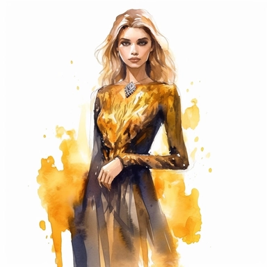 gothic style overrealistic beautiful woman in amber dress with watercolor effect,gold details,suitable for digital clipart,white background, no physical deformation, realistic features,royality fashion, space out