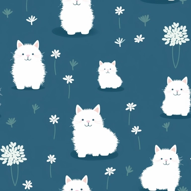 create a clipart, minimalist featuring a cute aesthetic pattern including cute fluffy white cats and some tiny white flowers over a blue lift shades