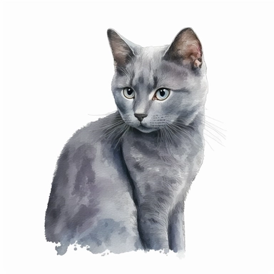 watercolor cute Russian Blue cat clipart, white background,