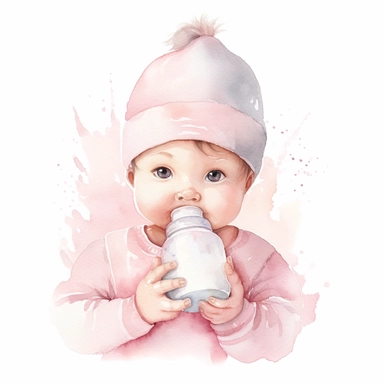 cute watercolor newborn soft pink baby holding baby bottle, watercolor effect, isolated white background, babyshower clipart, soft pink tones