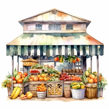 watercolor colorful clipart of a bountiful farmer's market, hd, on white background