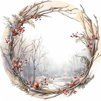stunning christmas frame made of snowy branches , beautiful Christmas clipart, soft faded colors, beautiful watercolor art by Marjolein Bastin, Thomas Kinkade, Carl Larsson, Norman Rockwell, Susan Wheeler