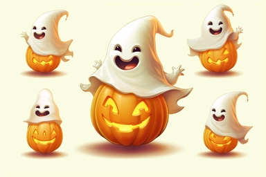 Cute ghost. Happy halloween ghosts characters, spooky expression creature. Funny scary magic demon with pumpkin, mystery creative nowaday vector clipart, realistic, full frame, very detailed