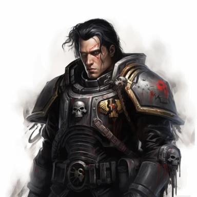 deathwatch warhammer 40k fantasy character, dark hair, paint art style, clipart, white background, superrealistic, one of a kind