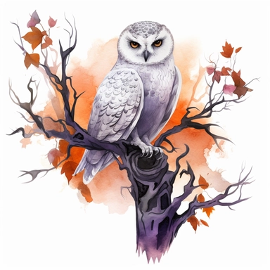 hand drawn spooky branch with cobwebs and leaves, snowy owl with glowing eyes perched on the branch,Halloween, purple and orange shades,fantasy, glamorous, , clipart style, detailed and realistic, watercolor, white background with margins
