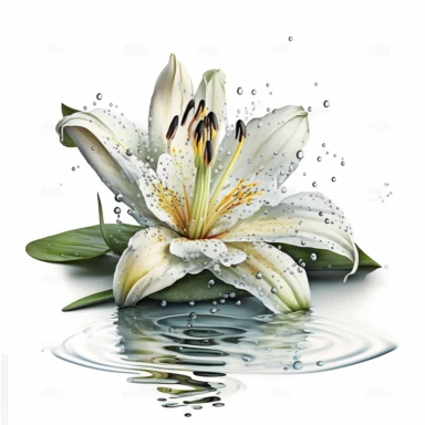 Watercolor realistic detailed white tiger lily flower floating on water clipart, white background, no text