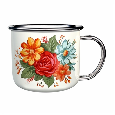 enamel mug, vintage, flowers, watercolor, retro, clipart, white background
