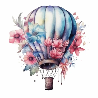 Fairy floral hot air balloon, hand drawn Illustration clipart, 4K, extremely detailed, watercolor