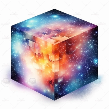 Space lighted galaxies graphic vector in a 3D Cube clipart. White background