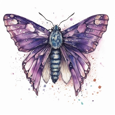 violet moth, white background, clipart, coloured pencil drawn, cosmic magical style, feathery antennae