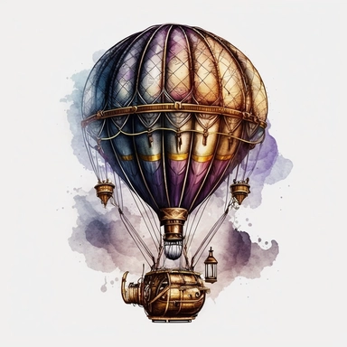 Design a watercolor style hot air balloon with intricate brass fittings, a steam-powered burner, and a network of cables and ropes for stability. High resolution with white background. 4k clipart