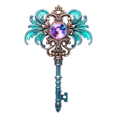 A mesmerizing clipart showcasing a legendary fairy tale tool: a shimmering and ornate key of wondrous proportions. The key should possess intricate details, such as delicate engravings depicting mythical creatures or symbols of magic. Its handle should be crafted from a rare and iridescent material, radiating an ethereal glow. The teeth of the key should be intricate and unique, as if they hold the secrets to unlocking mystical realms. Place the key against a pristine white background