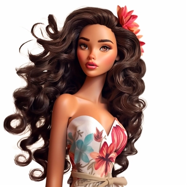 Beautiful pretty barbie doll hawaiian style, dark hair, paint art style, detail, clipart, white background, superrealistic, one of a kind