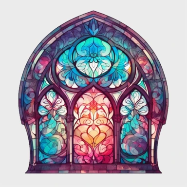 an intricate stained glass window design clipart, in the style of pastel gothic, #screenshotsaturday, reimagined religious art, multiple shapes,islamic art and architecture, watercolor illustrations, no background, vibrant colors, studio lighting