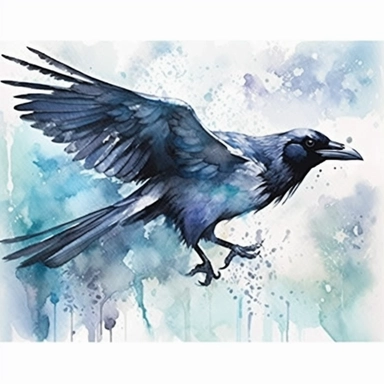 High level watercolor, hyper-realistic, white bordered background, 8k, super-detailed clipart, large, futuristic, majestic ice raven soaring gracefully in a frosty winter sky, fabulous, cool, pastel blue