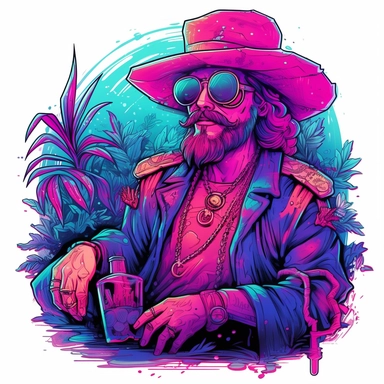 synthwave-styled drunk Pirate, watercolor , in the style of dan mumford, light magenta, tropical symbolism, cute and colorful, transparent layers, rounded, vibrant and colorful, clipart, white background, high detail, individual elements