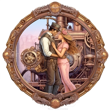 In the enchanting presence of a steampunk steam train, a couple's first kiss takes place, framed by the intricate gearwork and brass accents that adorn the classic locomotive, their love intertwined with the spirit of adventure. Ultra high quality, intricate detail, retro - futurism, pastel clipart, white background