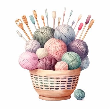Watercolor Knitting and Crochet Tools in Wicker Basket. Wooden Knitting needle, delicate pastel colours Balls of Wool, Skein, Crochet Hook. Hand drawn clip art set, elements isolated for Knitter, Needlework store, Yarn shop - <@1098423716465102849> (relaxed)