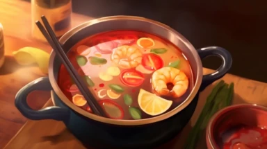 close up of bowl of tom yum goong, spicy shrimp soup, thailand food, illustration style