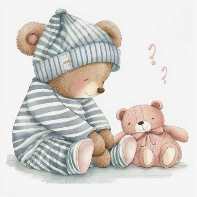 an ultra Cute little newborn baby teddy bear wearing pyjamas, dusky blush pink shabby chic traditional classic striped button up pyjamas a bedtime hat and slipper shoes, watercolour, cute,, bedtime, sleepy, dreamy, isolated on white background, Clipart