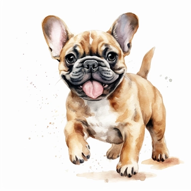 happy french bulldog puppy, watercolor illustration, clipart, full body, hyper-realistic animal illustration, childlike, free brushwork, white background