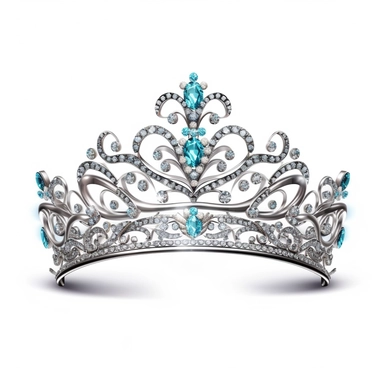 silver quinceanera tiara, aqua diamonds, white background, clip art, semi realistic