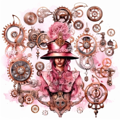 pink watercolor steampunk ringmaster clipart, metallic, gears, iron pink gray black, 32k. highly detailed