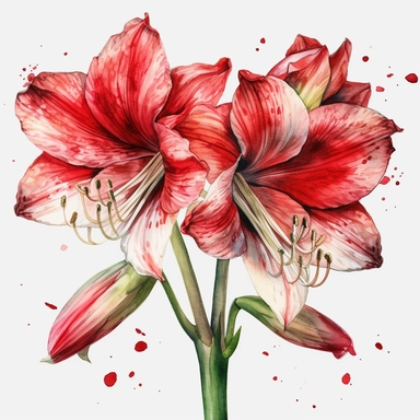 watercolor illustration of Amaryllis flowers, watercolor clipart, watercolor splashes, spring boho vibes, 4k uhd, realistic floral portrait, white background