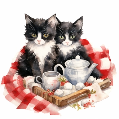 Clipart, watercolor, white background: Two black kittens nestled in a cozy Christmas-themed blanket, with a plate of cat-friendly holiday treats nearby for them to enjoy.