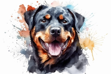 watercolor cute puppy Rottweiler smiling clipart, hd, on white background, spaced out