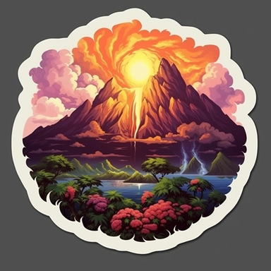 volcano erupting, close up, a sticker, artwork of t shirt graphic of majestic forest, in digital painting style , beautiful flowers, sunset mountains and clouds , big vines, stone temple covered in vines, white background, colorful fantasy flower surround, highly detailed clean, vector image, photorealistic masterpiece, professional photography, realistic, flat white background, isometric, vibrant vector, clipart, illustration, realism, 4k, , cinematic, front view, white background, paradise, ex