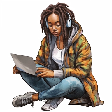Black girl working on a laptop, cool hacker clothes, dreads, watercolor style, clipart solid white background