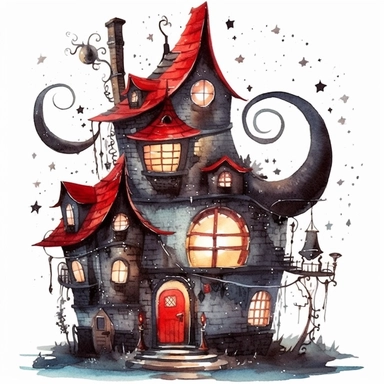 clipart watercolor creepy witch's house with crescent moon and stars, black and red color, style, fantasy, detailed, white background, illustration painting, collaged constructions, digital art, in the style of sculptural and geometric, forced perspective drawings, Geometric brushstrokes form an intriguingly abstract, painterly figure