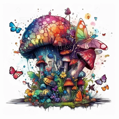 create an illustration featuring a magical mushroom clipart, small flowers and butterflies, vibrant colors, rainbow colors, magical, whimsical, fairytale, fiction, against a white background, harlequin cyberpunk, highly detailed