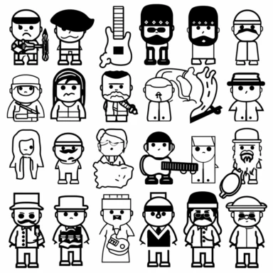 /imaginea set of black line clipart inspired by live fire cooking and barbecue and Lego and Funko Pop toys