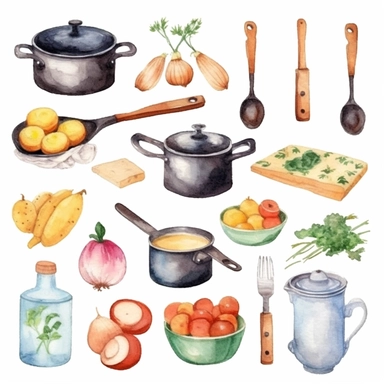 Cooking items art watercolor clipart, minimalist, soft pastel colors 8k, isolated transparent background, 4 times spaced out