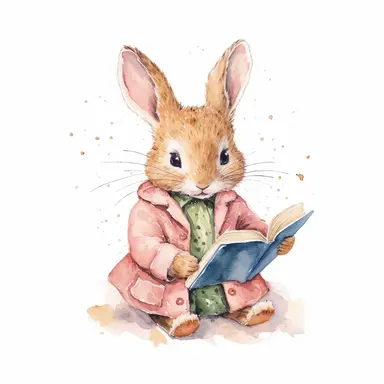 Watercolor svg clipart of a cute cartoon adorable Peter rabbit reading a book kawaii animal, illustration by Beatrix potter , pastel pink jacket, png isolated on white background